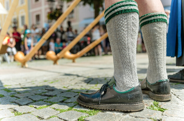 Das Bild zeigt mehrere Alphornspieler. Allerdings sind nur zwei Beine bis zu den Knien zu sehen. Die Beine sind mit grauen Kniestrümpfen und schwarzen Haferlschuhen bekleidet. Um die Alphörner kann man mehrere Zuschauer erkennen. Die Sonne scheint. Die Szenerie findet wohl auf einem Platz in der Stadt statt. Im Hintergrund sind Hausfassaden zu erkennen. Auf dem Boden liegt Kopfsteinpflaster.   