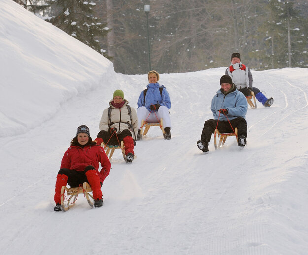 Das Bild zeigt fünf Personen, die je auf einem Holzschlitten eine Piste hinunterfahren. Alle tragen Winterkleidung und Mützen. Alle lächeln. Die Landschaft ringsum ist tief verschneit. Ringsum sind hohe Bäume zu sehen. Die Sonne scheint.