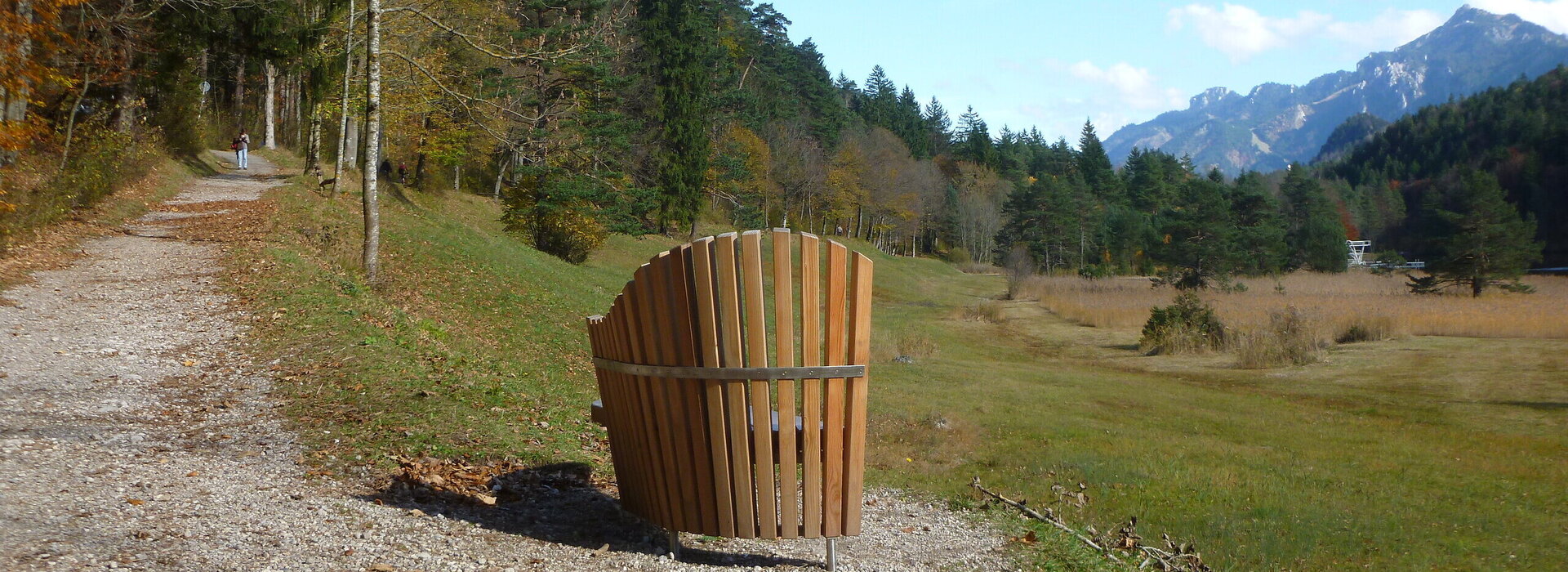 Man blickt über eine hölzerne Bank in ein Tal. Auf einer Anhöhe verläuft ein nicht befestigter Waldweg, der von Bäumen gesäumt ist. Unterhalb des Wegs liegt eine Wiese, an die ein Schilfgürtel angrenzt. Im Hintergrund erheben sich die Berge. Davor ist ein Wald aus Nadelbäumen zu sehen. 