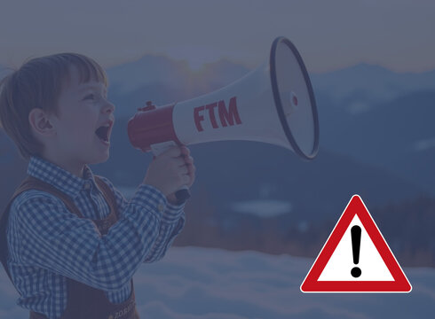 Illustration: Ein Achtung-Verkehrsschild mit einem Jungen, der ein Megaphon in seinen Händenhält Illustration: Ein Achtung-Verkehrsschild mit einem Jungen, der ein Megaphon in seinen Händenhält